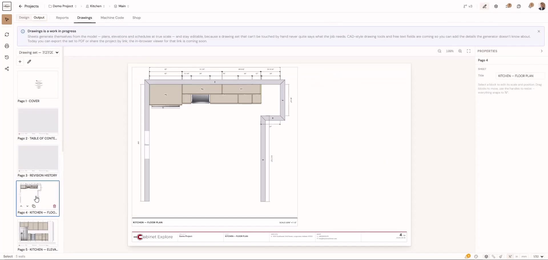 Dimensioned kitchen floor plan generated from a Grainwork project in the drawing sheet editor