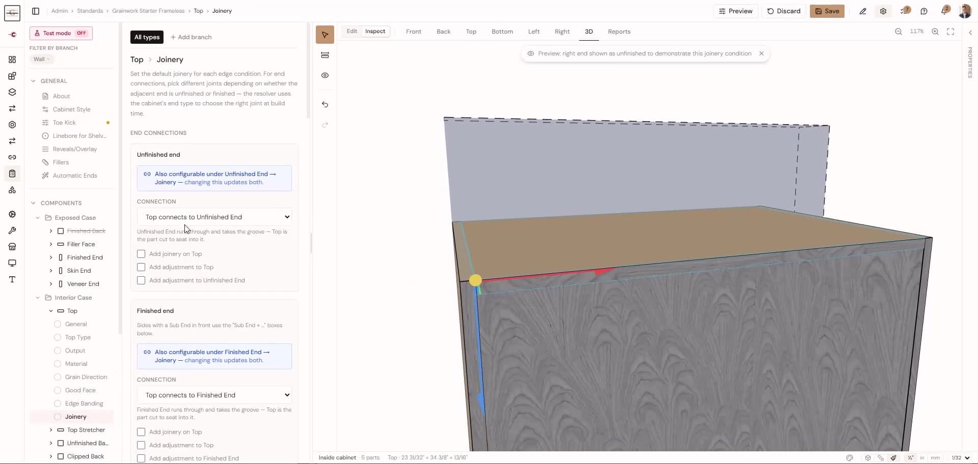 Cabinet standard joinery settings beside a 3D view of the cabinet top and end connection